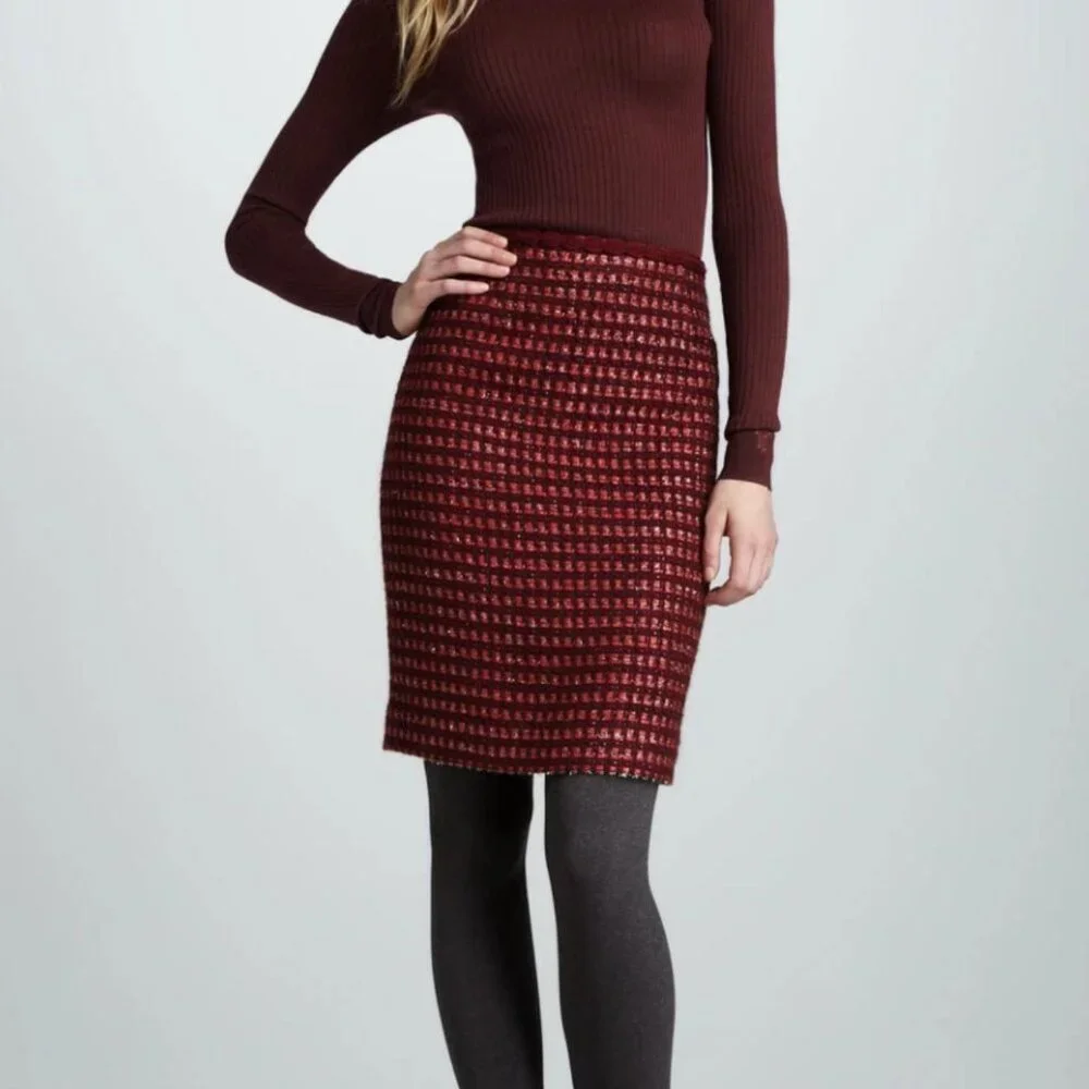 Tory Burch Wool Blend Sz 4 Basketweave Ribbon Plaid Pencil Skirt Pink Tweed Work - Picture 3 of 10